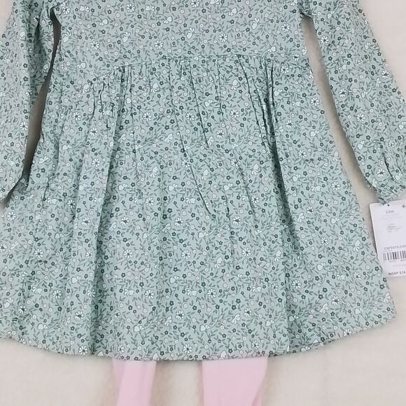 Carters Baby Set 24mo Green Pink Dress Leggings Layette Cotton Floral Print - Picture 7 of 15